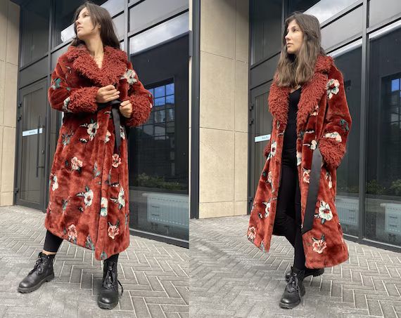 Red Floral Long Faux Fur Coat for Women. Print Panny Lane | Etsy | Etsy (US)