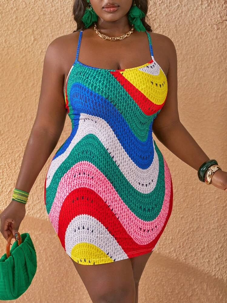 Slaydiva 2025 Summer&Beach New Plus Size Women Vacation & Beach All-Match Crochet Pattern Print Bodycon Tank Dress Spring/Summer Beach Dresses For Women Beach Cover Up Dress Nice Dress For Women Bathing Suit Dress Summer Dresses For Women Women Mini Dresses | SHEIN