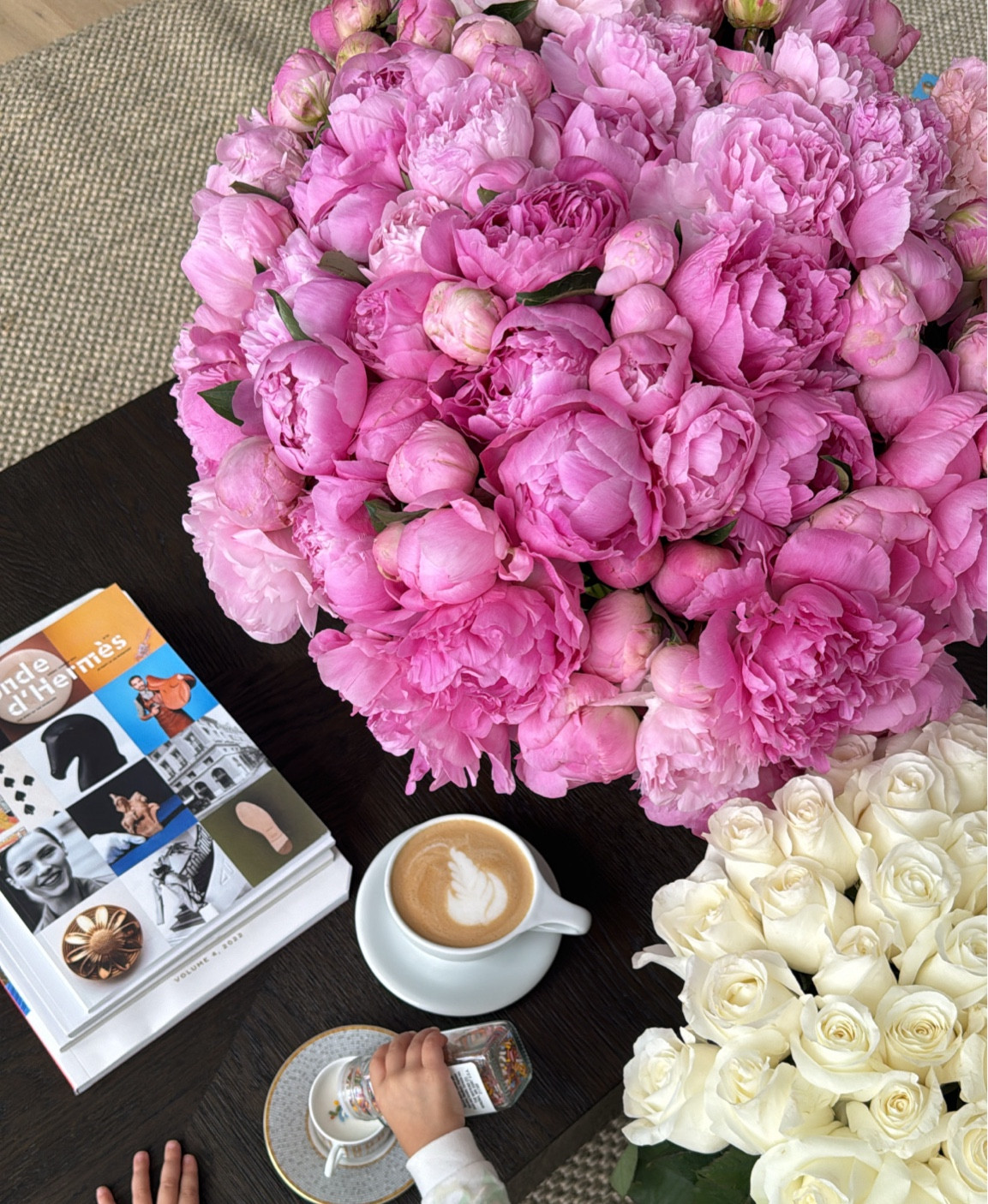 flowers and coffee for his girls 🫶🏽 
nothing like an extravagant bouquet of fresh flowers from your love 🤍 peonies for mama and roses for mini 💕 linking my coffee cup which has helped me with my latte art so much along with similar ones to my daughters  🧡 coffee table is RH 

#LTKFamily #LTKHome #LTKSaleAlert