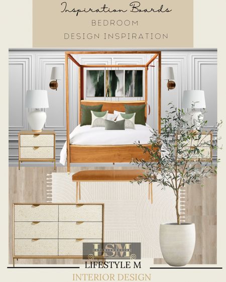 Master bed room design inspiration. Get the look out home by shopping below. Canopy bed, bedroom rug, dresser, night stand, white planter, faux olive tree, table lamp, throw pillows, wall art, wall sconce light, bench. 

#LTKhome #LTKstyletip #LTKSeasonal