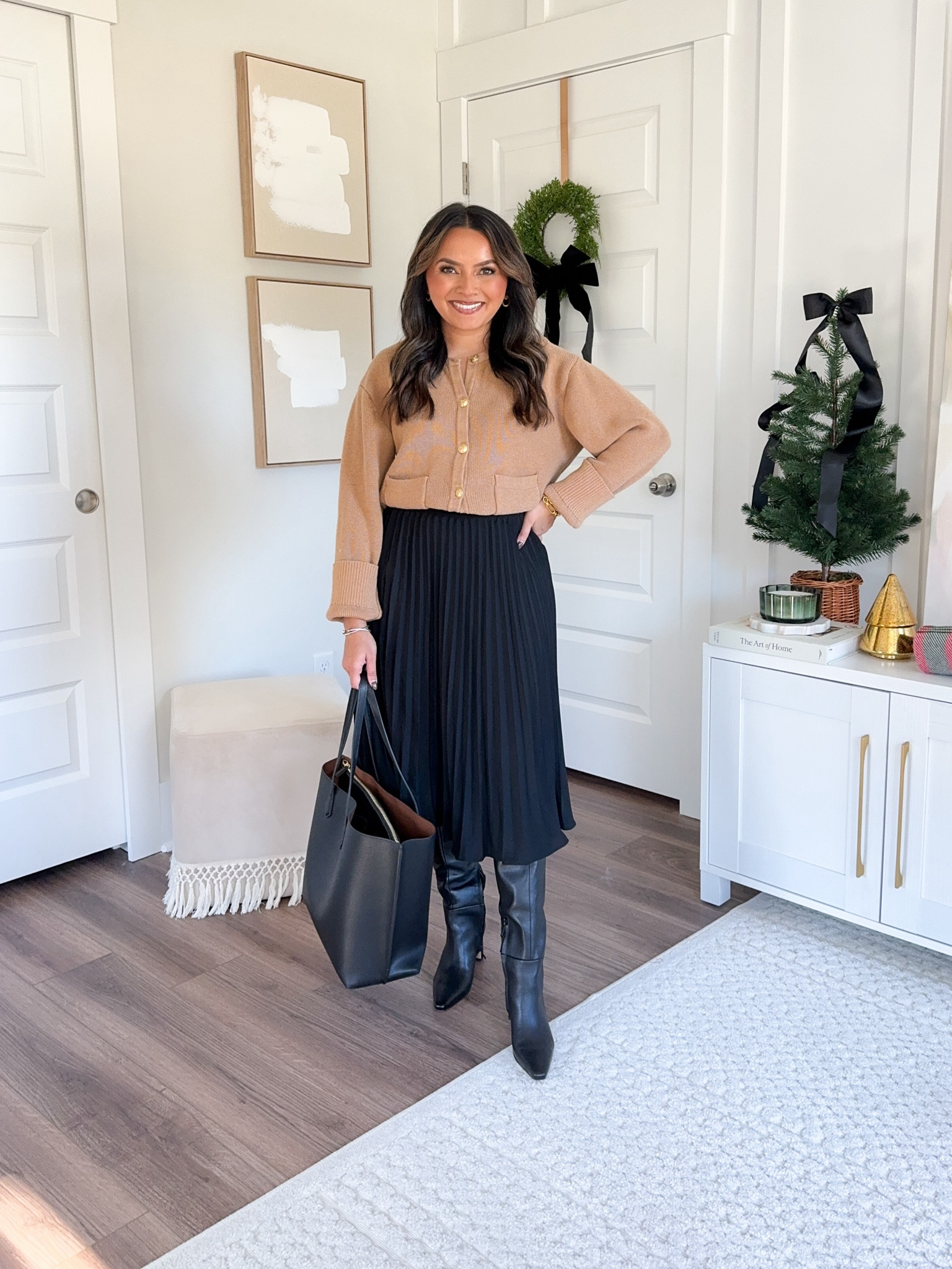 Camel cardigan size XS TTS
Black pleated skirt size XS TTS - usually size 2/26
Black boots size 5 TTS 

Thanksgiving Outfit 
Holiday Outfit 
Holiday style 
Fall outfit 
Fall style 
Petite outfit 
Petite fashion 
 Honey Sweet Petite 
Honeysweetpetite 


#LTKSeasonal #LTKStyleTip #LTKWorkwear