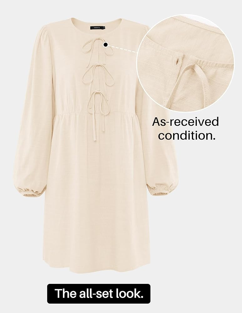 ZESICA Women's Dress Fall Long Puff Sleeve Self Tie Front Babydoll A Line Pleated Cute Mini Tunic... | Amazon (US)