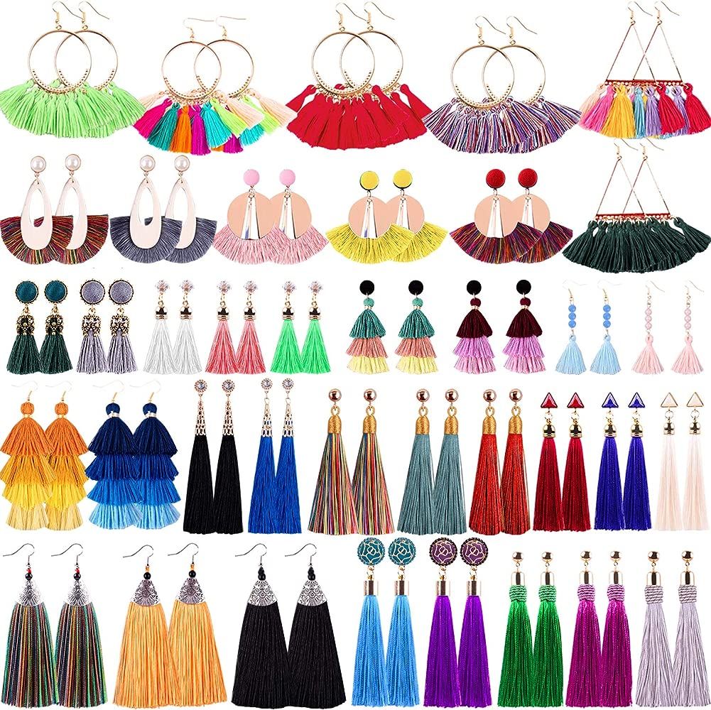 38 Pairs Tassel Earrings Colorful Long Layered Tassel Earrings Dangling Thread Ball Earring Hoop ... | Amazon (US)