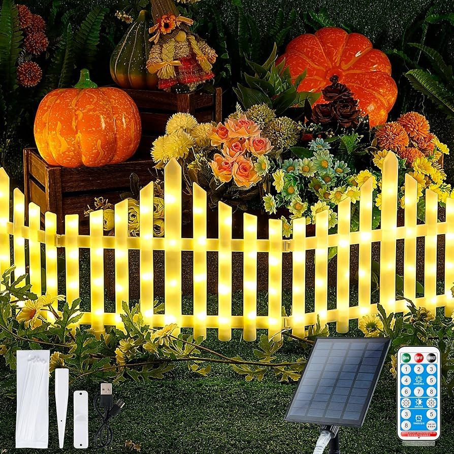 Hopolon 4 Pack Solar Garden Fence Lights Outdoor,11.1in (H) X 4.6ft (L) 144 Led Lighted White Pic... | Amazon (US)