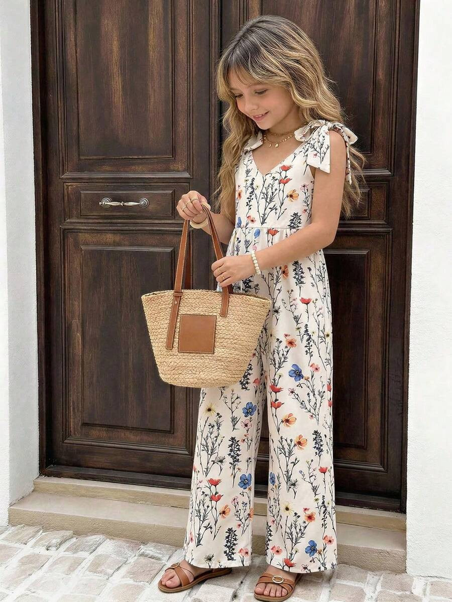Sparklyn 1pc Girls Casual Floral Digital Print Sleeveless Jumpsuit With Detachable Bow Decor, Str... | SHEIN