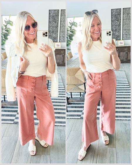 Love these wide leg pants with some stretch paired with this ribbed tank top cream, denim jacket and sandals. Size 26 pants which run true to size. Extra small top and jacket. Sandals run true to size. Evereve denim jacket, Jean jacket 

Follow my shop @thesensibleshopaholic on the @shop.LTK app to shop this post and get my exclusive app-only content!

#liketkit #LTKover40 #LTKSeasonal #LTKstyletip
@shop.ltk
https://liketk.it/4DGwA