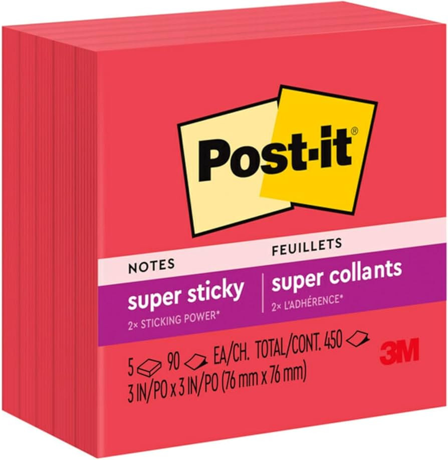 Post-it Super Sticky Notes, 3x3 in, 5 Pads, 2x the Sticking Power, Red, Recyclable (654-5SSRR) | Amazon (US)