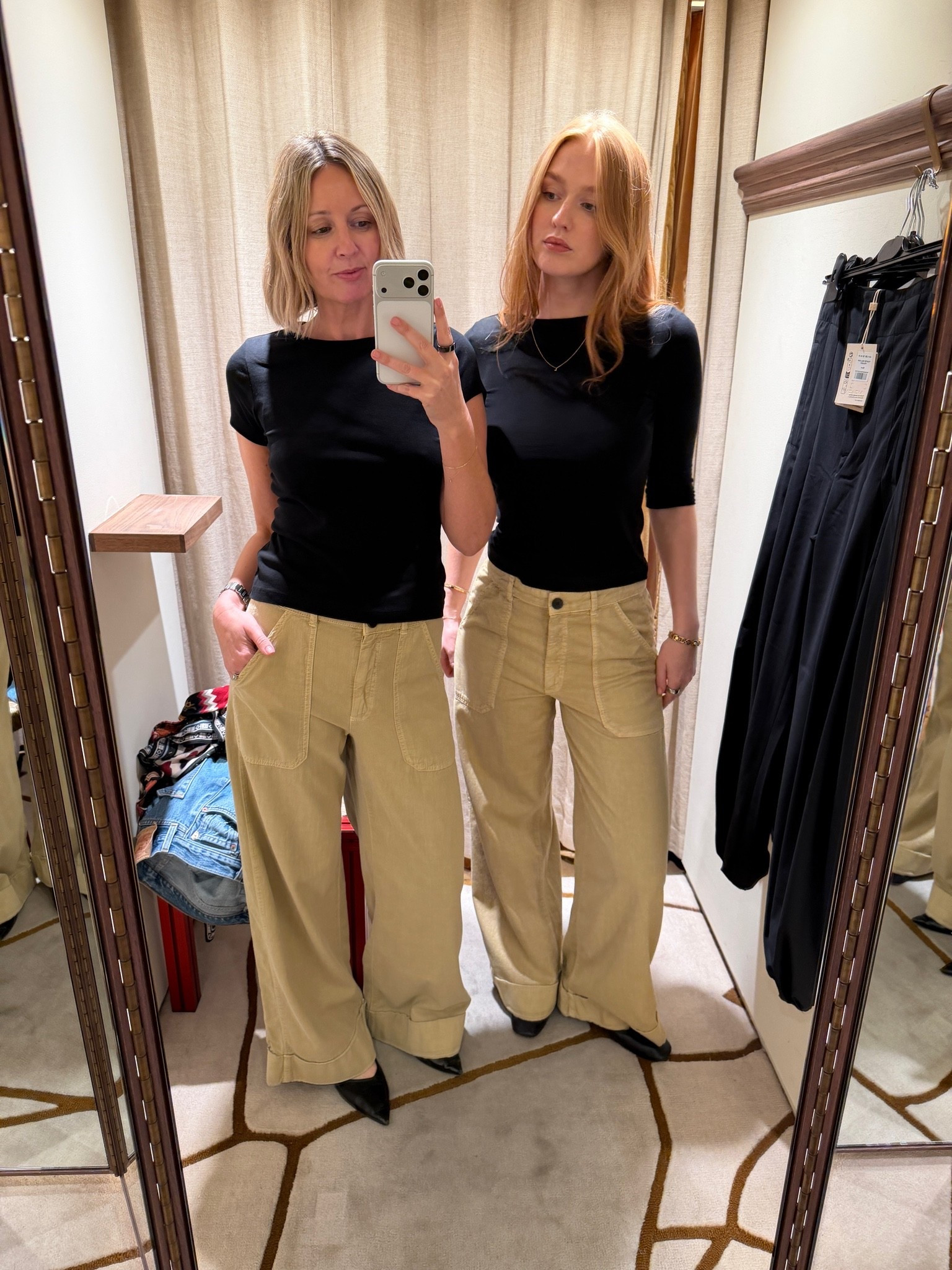 black fitted t-shirt, black crew neck top, khaki wide leg trousers, tan corduroy pants, cuffed hem trousers, black pointed pumps, changing room try on, dressing room fit check, matching outfits, mother daughter style, sisters try on, autumn workwear, transitional dressing, quiet luxury, elevated basics, effortless chic, ltkstyletip, ltkseasonal, ltkfindsunder100, outfit inspo, capsule wardrobe essentials

#LTKeurope #LTKjeans #LTKuk