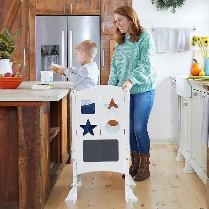 Guidecraft Classic Kitchen Helper Stool - White with 2 Keepers and Non-Slip Mat: Foldable, Adjust... | Amazon (US)