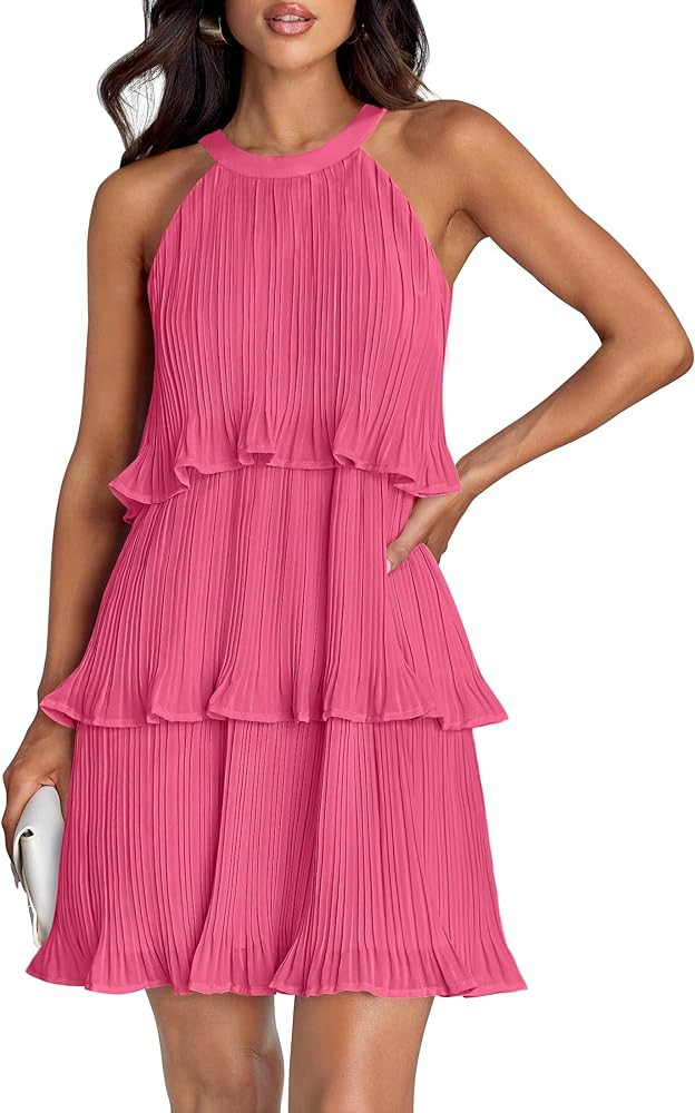 ZESICA Women's 2026 Summer Halter Dresses Sleeveless Ruffle Tiered Layered Chiffon Pleated A Line... | Amazon (US)