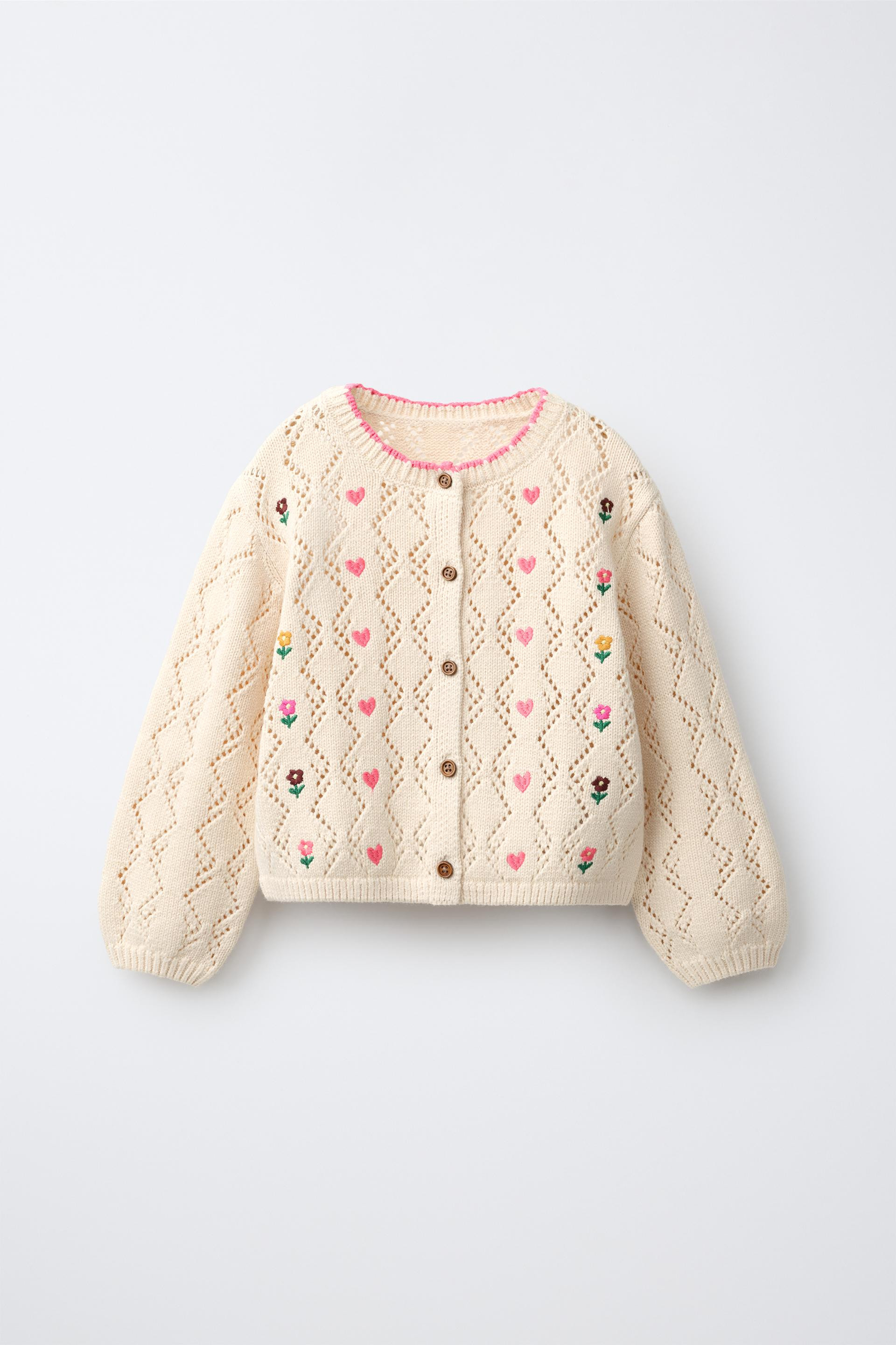 Zara - Openwork Knit Cardigan With Embroidered Hearts - Ecru - 5 Years (43,3 Inches) - Kids | Zara US