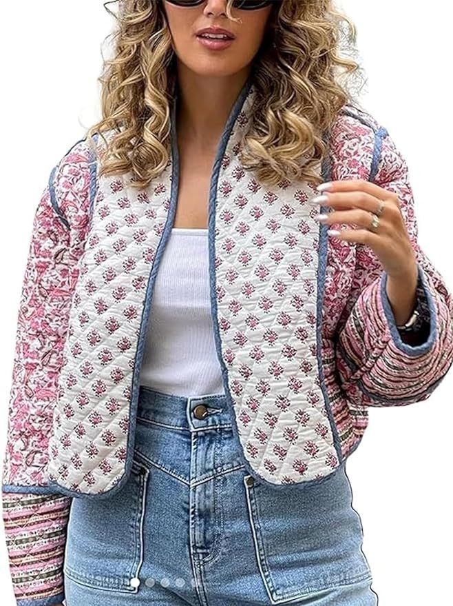 Women's Cropped Floral Puffer Jacket Cardigan Printed Lightweight Open Front Padded Quilted Coats | Amazon (US)