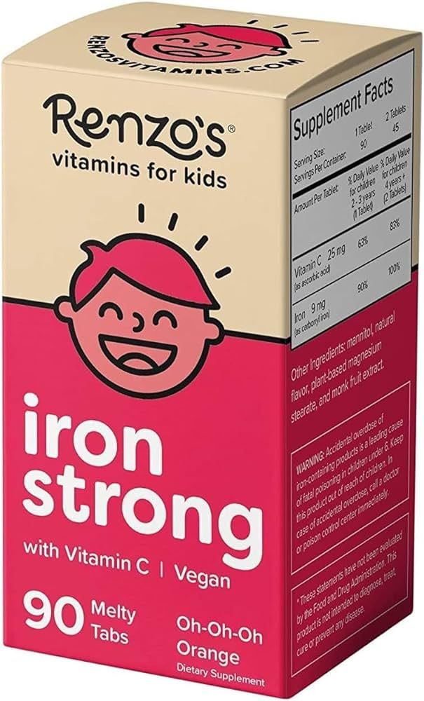 Renzo's Iron Supplements for Kids - Dissolvable Vegan Iron Supplement with Vitamin C - Sugar Free... | Amazon (US)