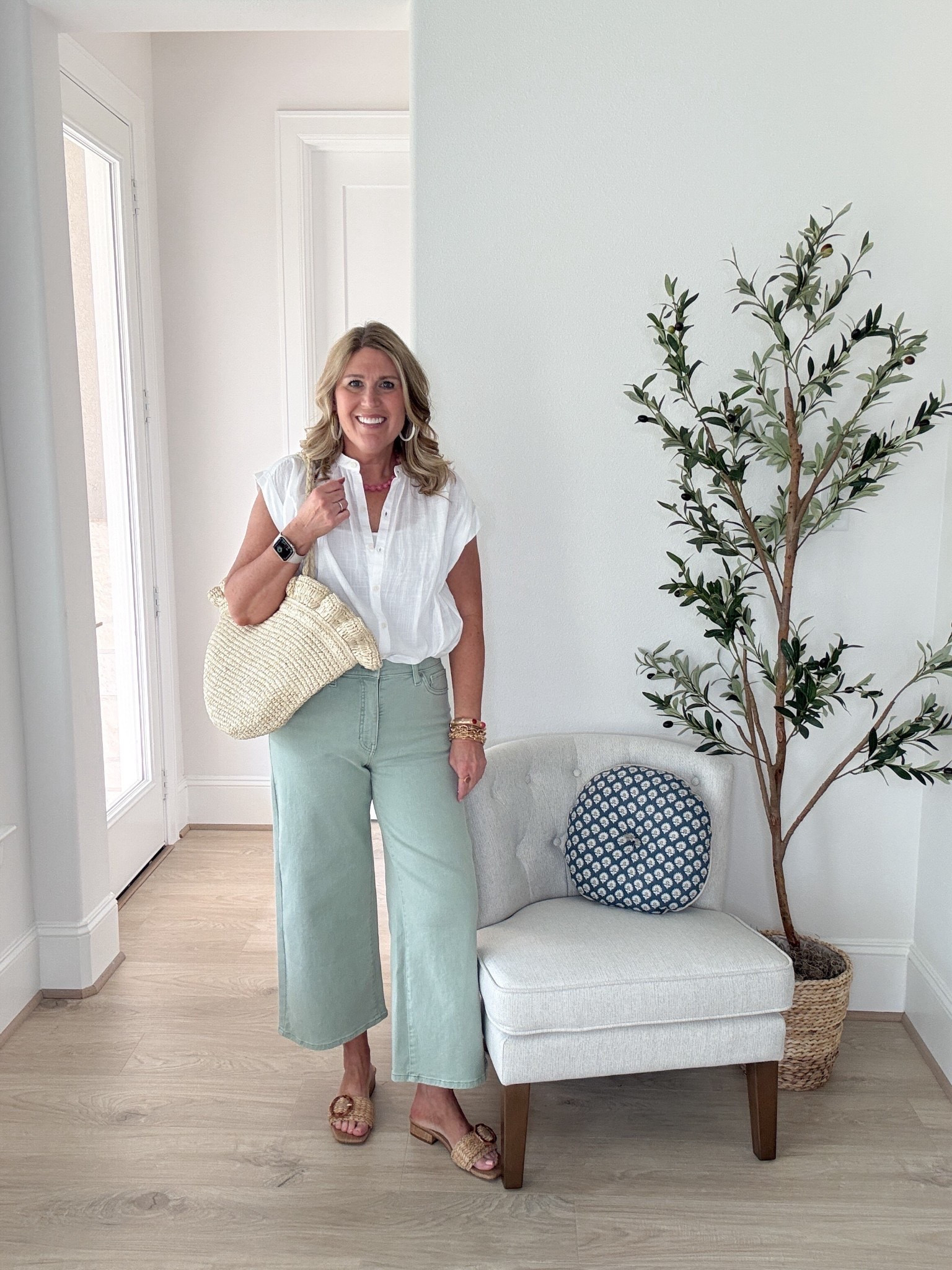 Lightweight button up top has a relaxed fit. Semi sheer. I have on a white tank.
High rise wide leg cropped denim very stretchy. Super comfortable.
Raffia slides with tortoise buckle. They run a little snug, size up a half size. ♥️

#LTKFindsUnder50 #LTKShoeCrush #LTKFindsUnder100 #LTKStyleTip #LTKItBag

#LTKSaleAlert #LTKBeauty #LTKMidsize #LTKPetite #LTKTravel #LTKOver40 #LTKSeasonal #LTKWorkwear #LTKootd