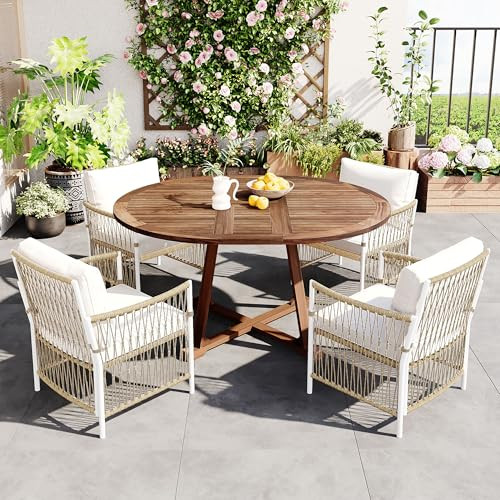 VilroCaz 5-Piece Outdoor Patio Dining Set, All-Weather Acacia Wood Extendable Round Dining Table ... | Amazon (US)