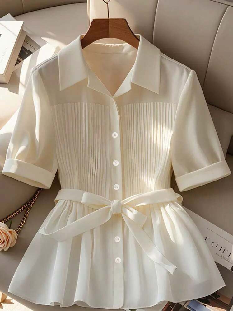 SHEIN Clasi Women's Solid Color Short Sleeve Pleated Single-Breasted Casual Blouse | SHEIN