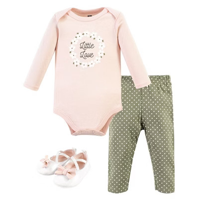 Hudson Baby Infant Girl Cotton Bodysuit, Pant and Shoe Set, Sage Floral Wreath Long Sleeve, 12-18 Months | Target