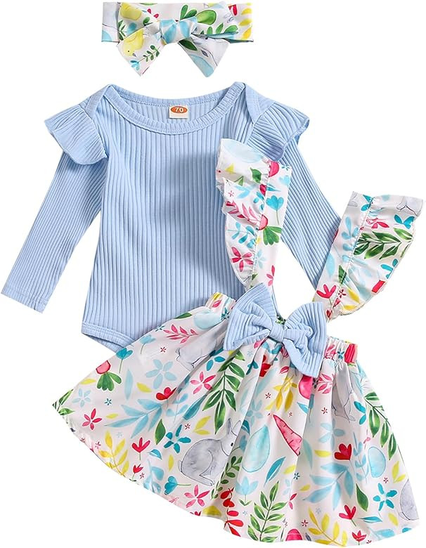 Newborn Baby Girl Easter Outfits Long Sleeve Bodysuit Romper Bunny Eggs Print Suspender Skirts wi... | Amazon (US)