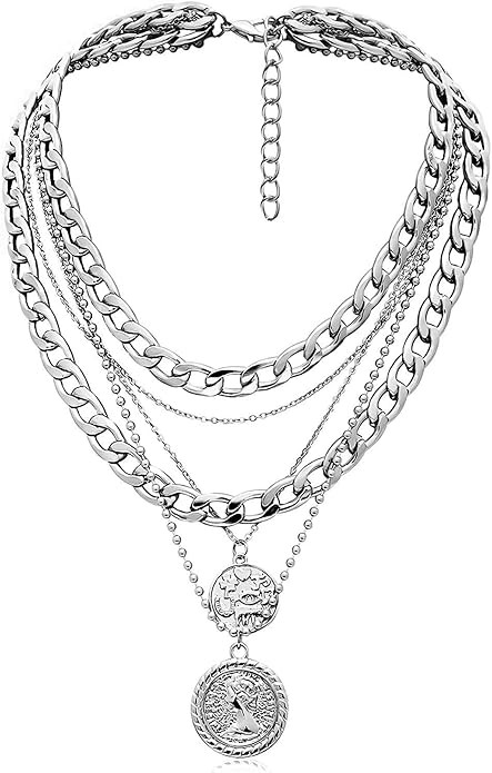 MJartoria Layered Necklaces for Women Trendy Retro Coin Pendant Necklace Dainty Chunky Chain Chok... | Amazon (US)