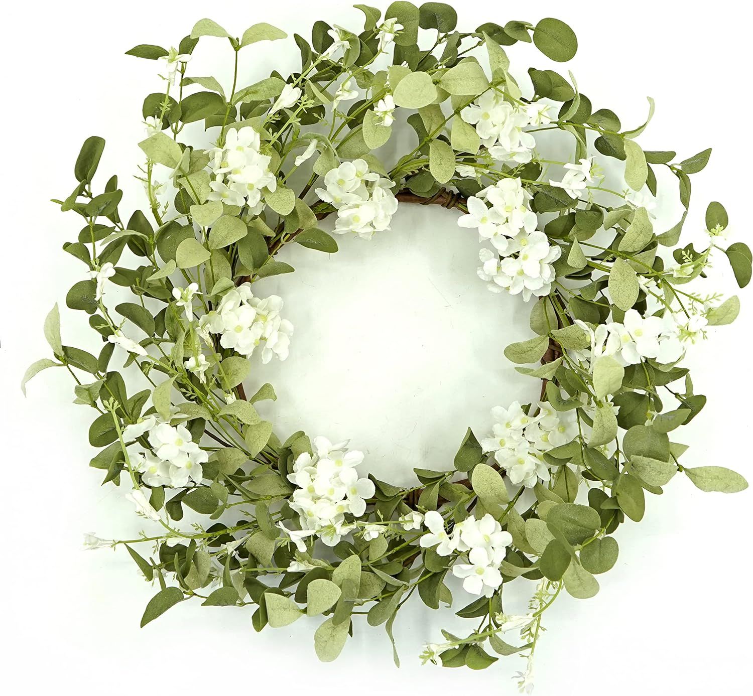 20 inches Artificial Spring Summer Hydrangea Wreath with Green Eucalyptus Leaves and White Hydran... | Amazon (US)