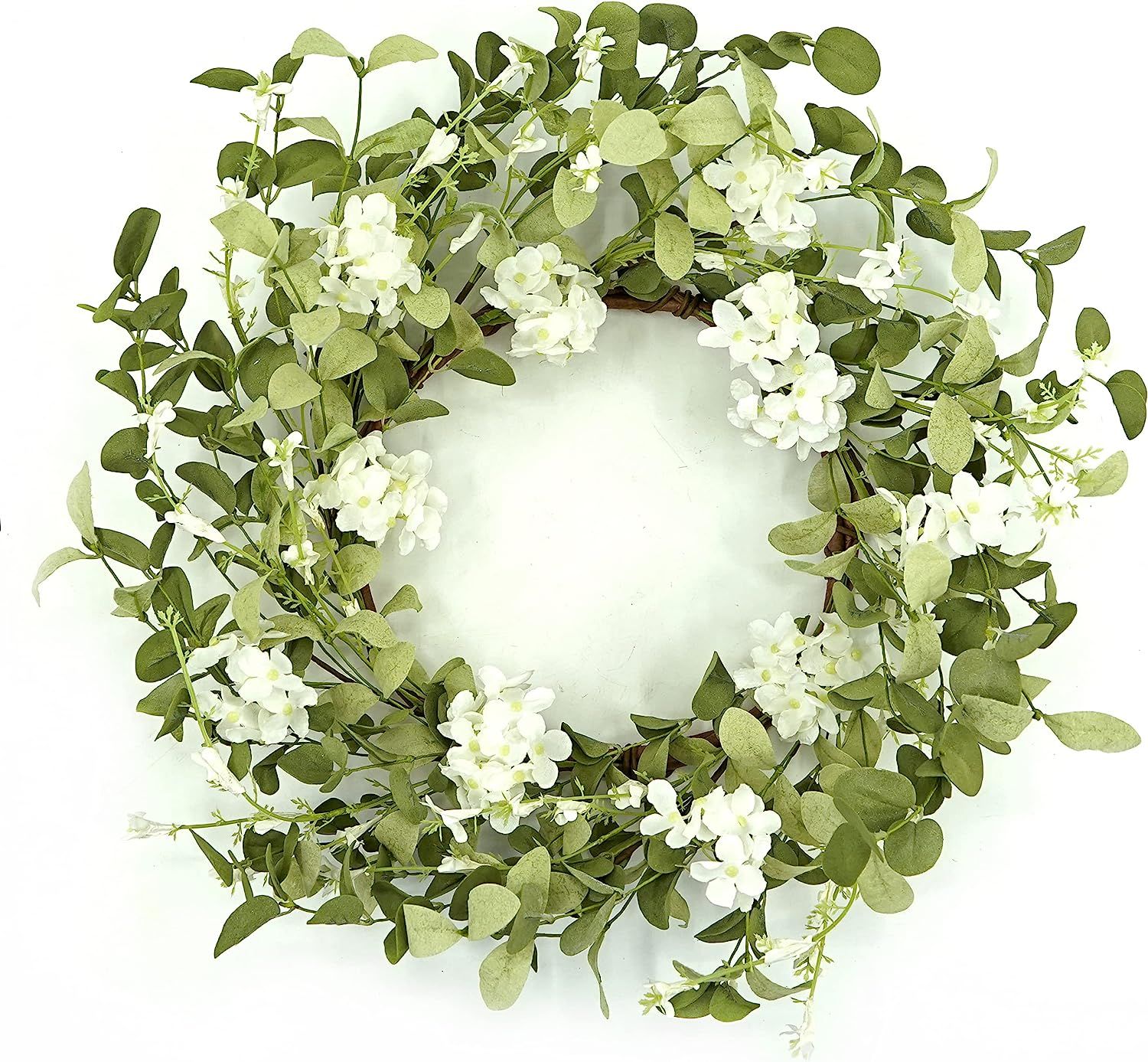 WreathDream 20 inches Artificial Spring Hydrangea Wreath with Green Eucalyptus Leaves and White H... | Amazon (US)