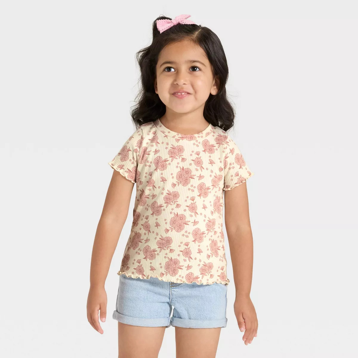 TToddler Girls' Flower Ribbed Short Sleeve T-Shirt - Cat & Jack™ Light Mauve 3T | Target