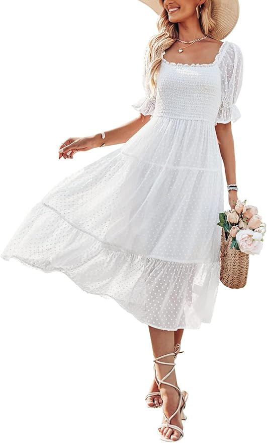 MEROKEETY Women's 2024 Summer Square Neck Puff Sleeve Boho Midi Dress Swiss Dot Ruffle Flowy Tie ... | Amazon (US)