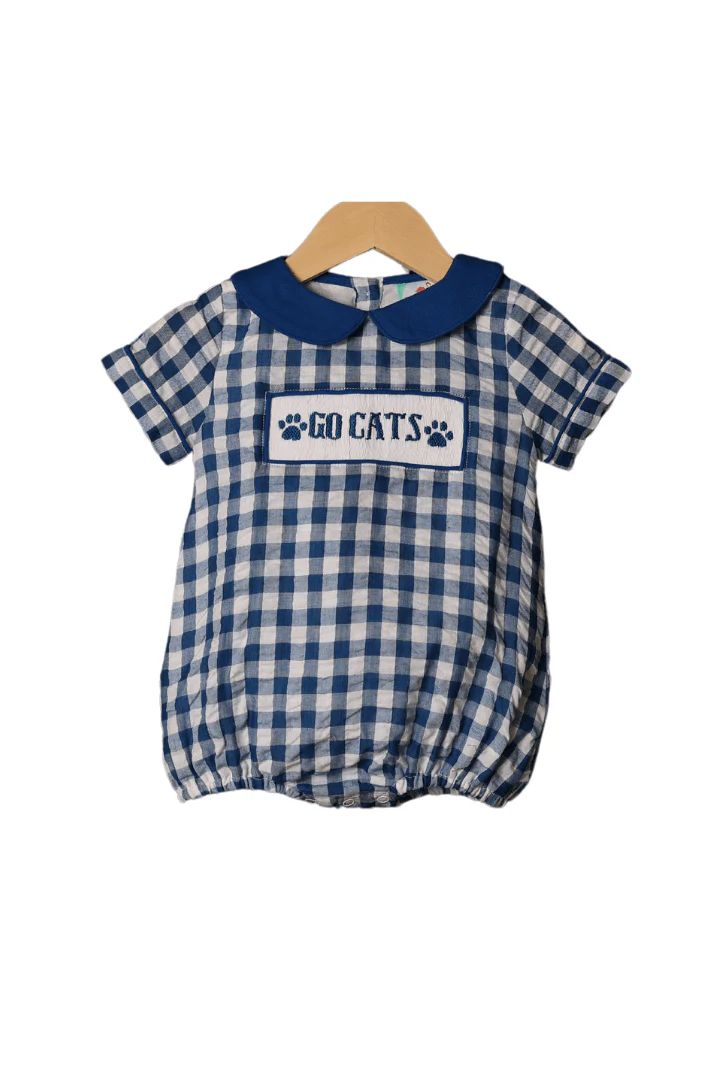 Smocked Go Cats Blue Gingham Bubble | The Smocked Flamingo