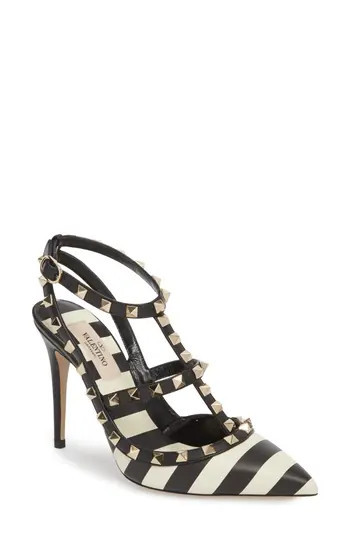 Women's Valentino Garavani Rockstud Stripe T-Strap Pump, Size 9US / 39EU - Black | Nordstrom