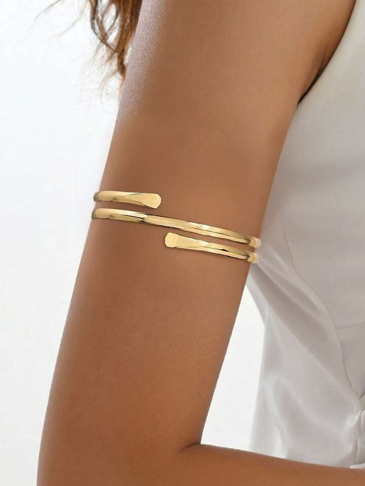 1pc Metal Minimalist Double-Layered Spiral Open Bangle For Upper Arm, Gold Plated Cuff Bracelet For Couples' Holiday Party Dress Up, Exquisite Gift For Girlfriend's Date Wear | SHEIN