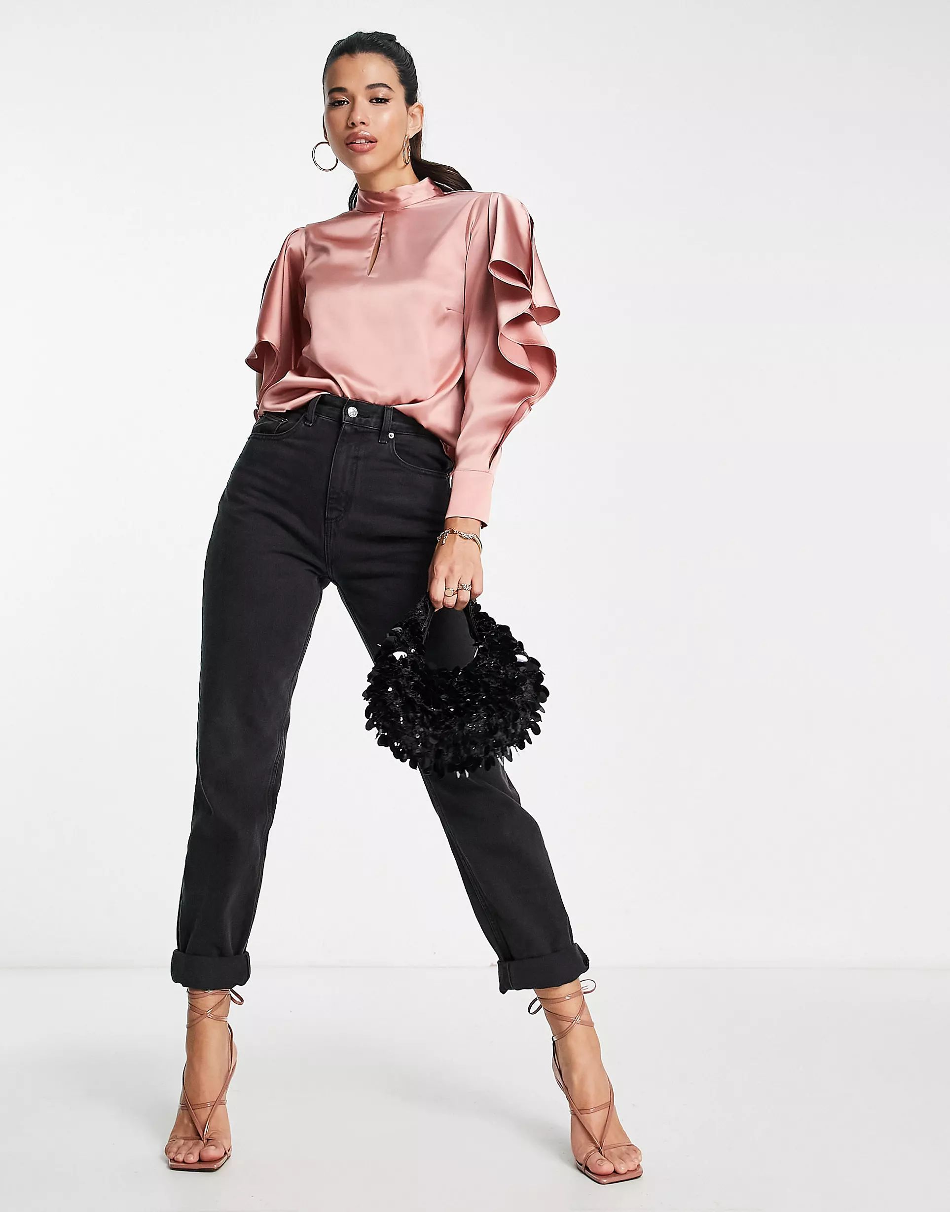 RIVER ISLAND FRILL SLEEVE SATIN BLOUSE IN PINK | ASOS (Global)