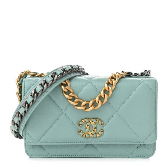 CHANEL Lambskin Quilted Chanel 19 Wallet On Chain WOC Light Blue | Fashionphile