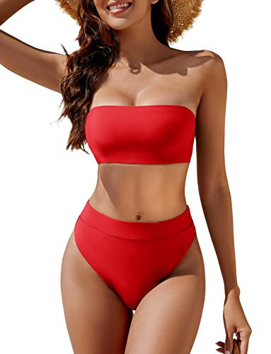YACUN Women's High Waisted Bikini Swimsuit Two Piece Strapless Bandeau Cheeky Bathing Suits Red XL | Amazon (US)