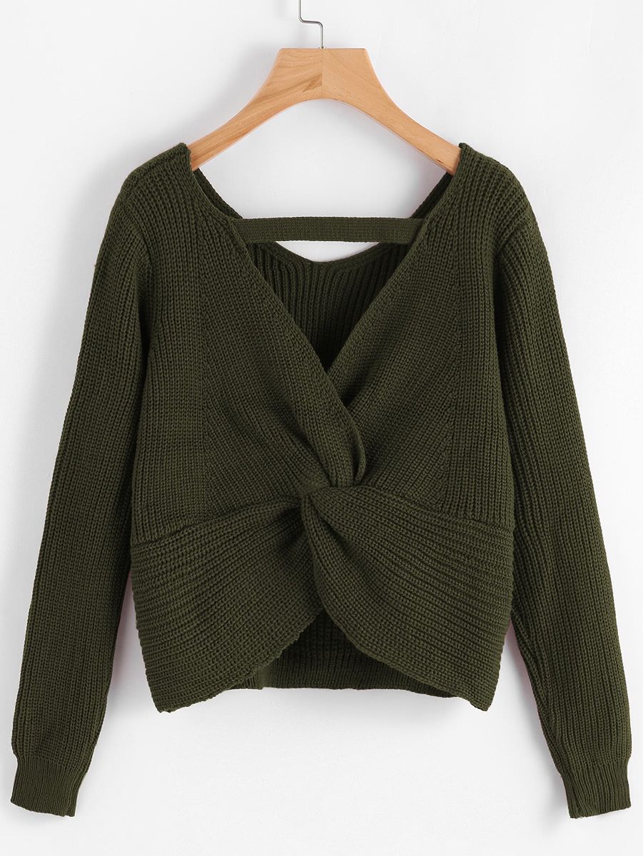 Twist Back Crop Chunky Knit Sweater | SHEIN