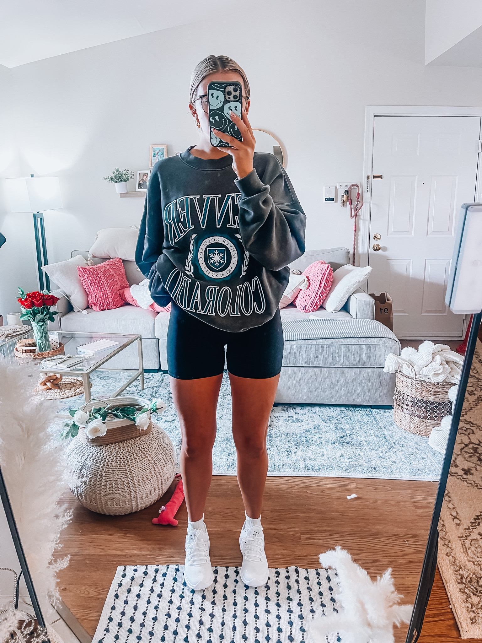 Sweatshirt: size large, on sale right now! 
Bikershorts size medium, perfect dupe for the lulu lemon aligns for a fraction of the price 
Sneakers run tts, and are on sale right now! 

#LTKstyletip #LTKfit #LTKunder100