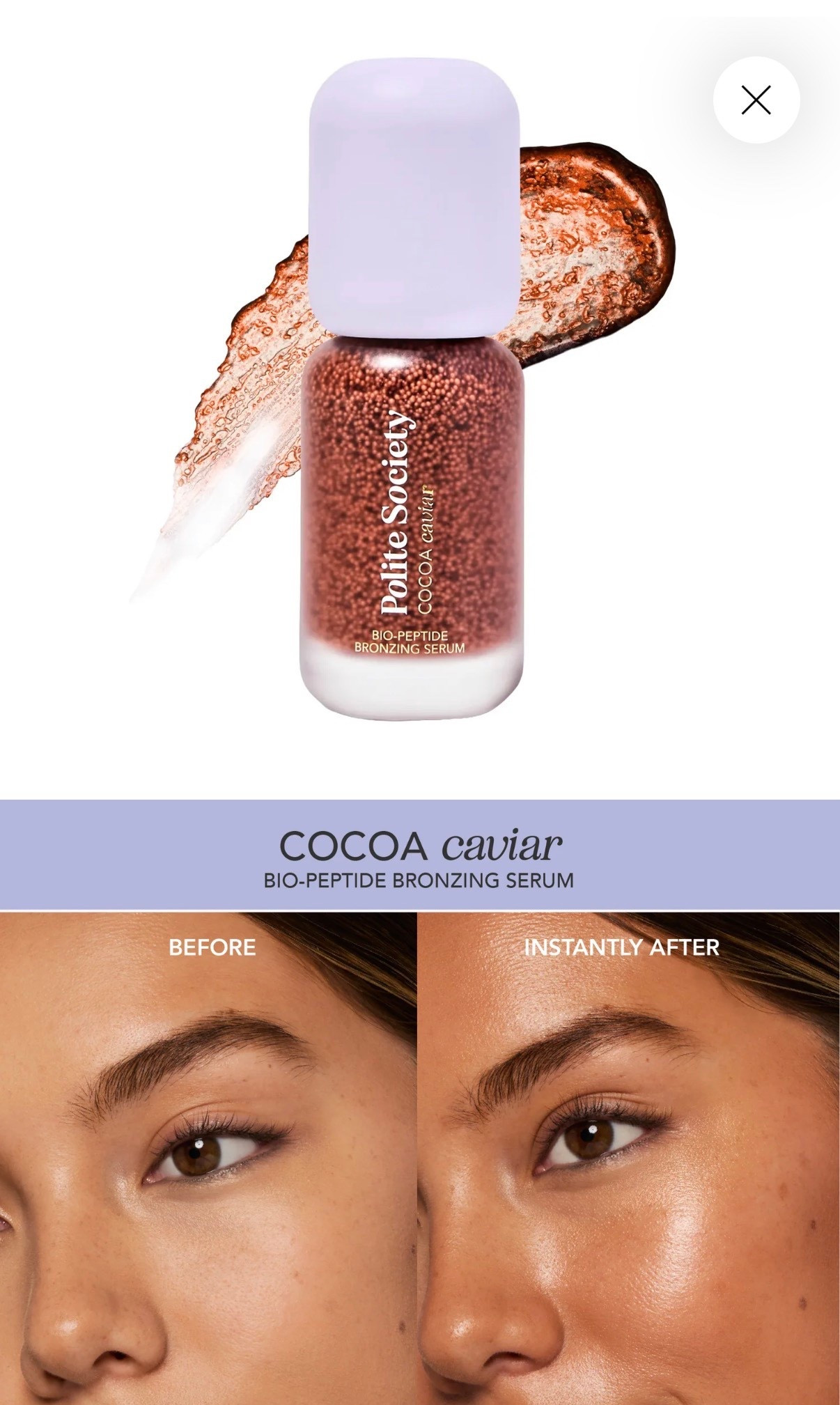 @Polite Society Bio-Peptide Bronzing Serum is ready to give that bronzed, just-got-back-from-vacation glow. This silky bronzing serum melts into skin for a radiant, sun-kissed finish that looks natural, smooth, and never muddy. The luxe bronzing caviar pearls burst upon application for a sensorial, easy to blend application. Plus, this formula is packed with skincare ingredients to hydrate and nourish while you wear. #politesociety #ad