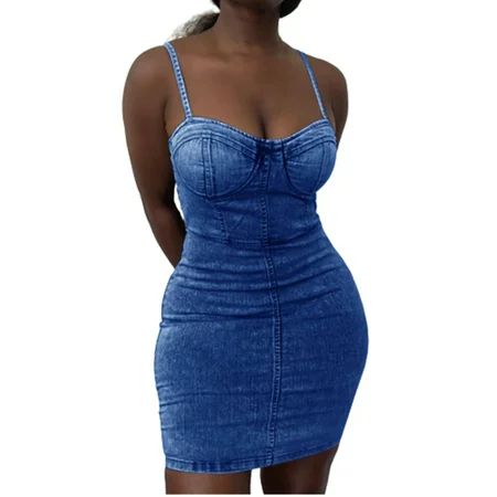 Diconna Women Denim look Dress Suspender Sleeveless High Waist Tight Bodycon Short Mini Hip Package  | Walmart (US)