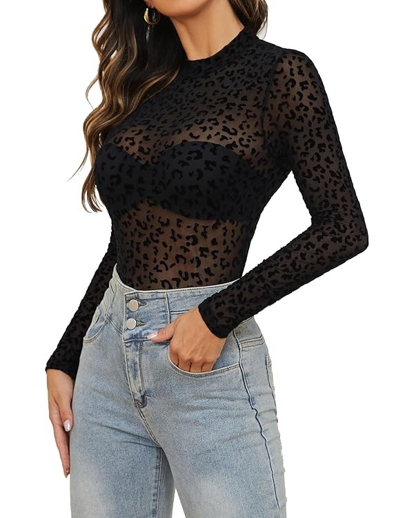 GAMISS Mesh Tops for Women Long Sleeve Mock Neck Fitted Top Solid & Floral Tee Shirts S-XXL | Amazon (US)