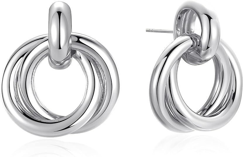 DELLA MODA Linked Circle Stud Post Earrings | Interlocking Round Double Hoops | Amazon (US)