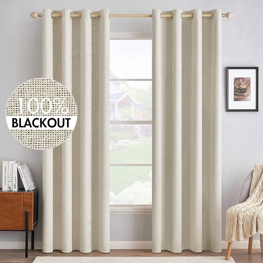 MIULEE 100% Blackout Linen Textured Curtains for Bedroom Solid Thermal Insulated Cream Grommet Ro... | Amazon (US)