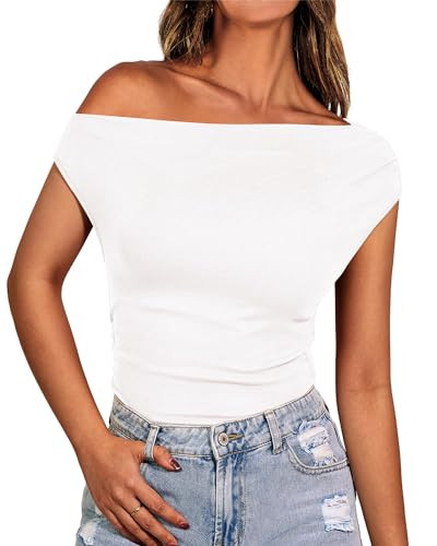 BTFBM Women Off The Shoulder Top 2025 Summer Sleeveless Ruched Ribbed Shirt Asymmetrical Slim Fit Y2K Going Out Tops(Solid White, Large) | Amazon (US)