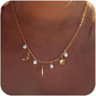 Dainty Gold Paperclip Charm Necklace With Shell, Moon, Star, Cross & Hexagram Pendant - Non-Tarnish Summer Beach Jewelry For Women | Target