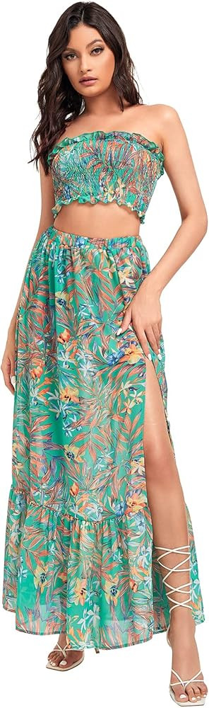 Floerns Women's Summer Printed 2 Piece Outfit Crop Tube Tops and Split Long Skirt Set | Amazon (US)