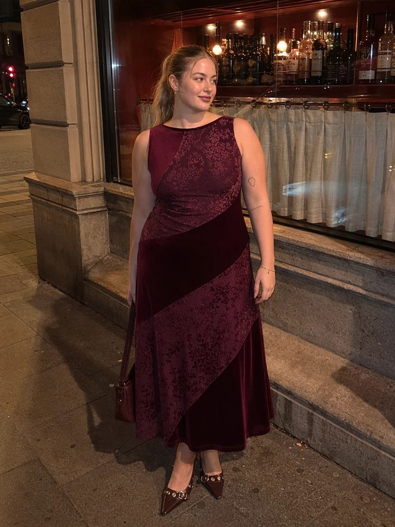 Velvet Boat Neck Floral Patched Maxi Dress Curve & Plus | Cider