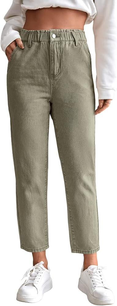 SweatyRocks Women's Casual High Elastic Waist Tapered Mom Jeans Cropped Denim Pants | Amazon (US)