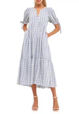 ENGLISH FACTORY Gingham Tiered Dress with Bow Tie Sleeves | Belk