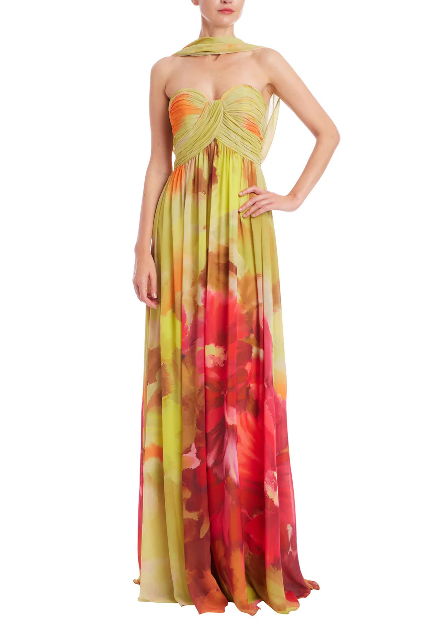 Strapless Floral Print Chiffon Gown with Scarf by Badgley Mischka | Badgley Mischka