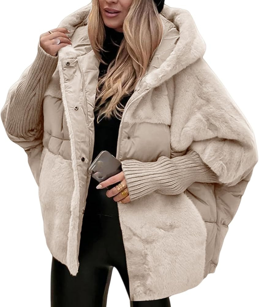 Oversized Puffer Coat for Women Plush Fleece Down Jacket Lightweight Patchwork Hooded Jackets Win... | Amazon (US)