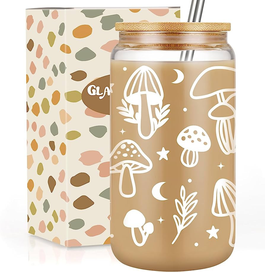 GSPY Mushroom Cup, Mushroom Gifts, Mushroom Glass Cup with Lid Straw, Cute Mushroom Stuff, Mushro... | Amazon (US)
