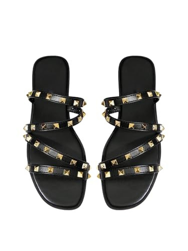OYOANGLE Women's Studded Strappy Leather Slide Sandals Square Open Toe Slip on Flat Sandal | Amazon (US)